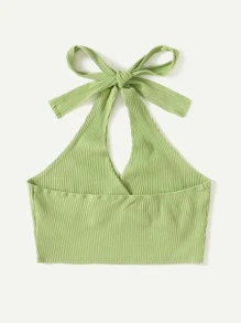 SHEIN EZwear Rib-knit Halter Top - Lime Green - View 2