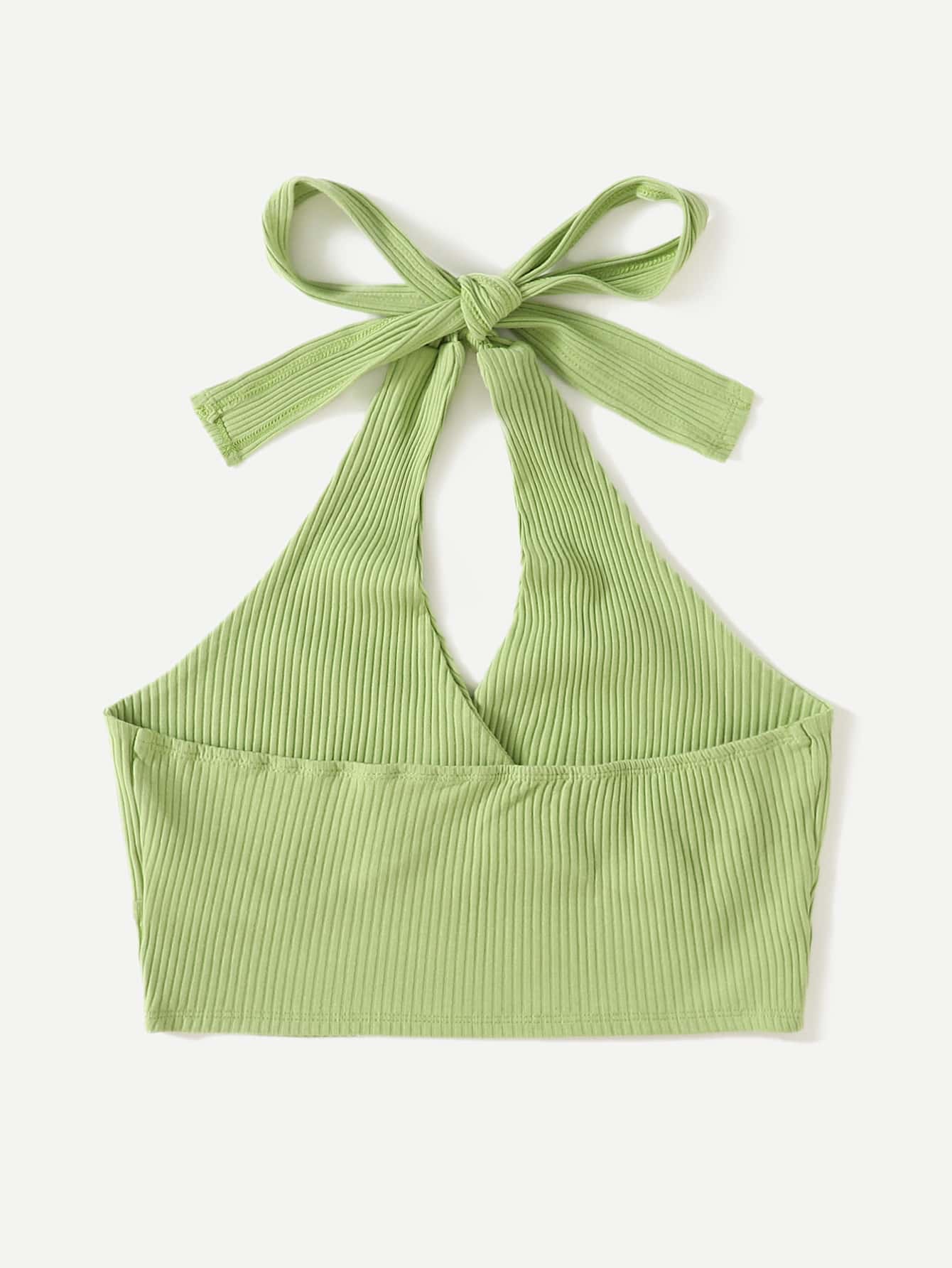 SHEIN EZwear Rib-knit Halter Top - Lime Green - View 2