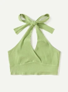 SHEIN EZwear Rib-knit Halter Top - Lime Green - View 3