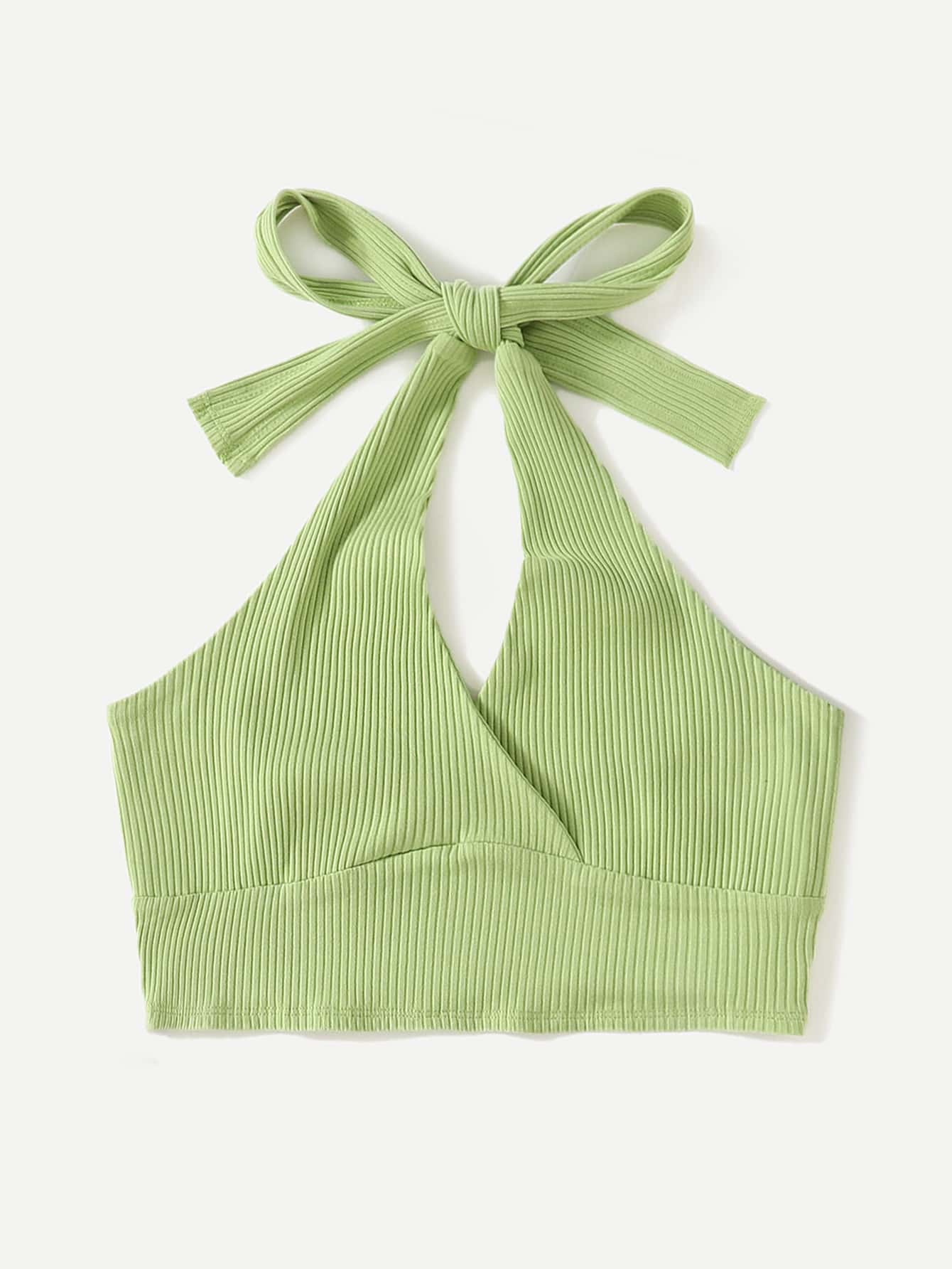 SHEIN EZwear Rib-knit Halter Top - Lime Green - View 3