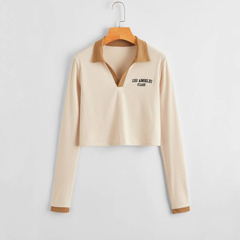 

Letter Print Contrast Binding Tee, Apricot