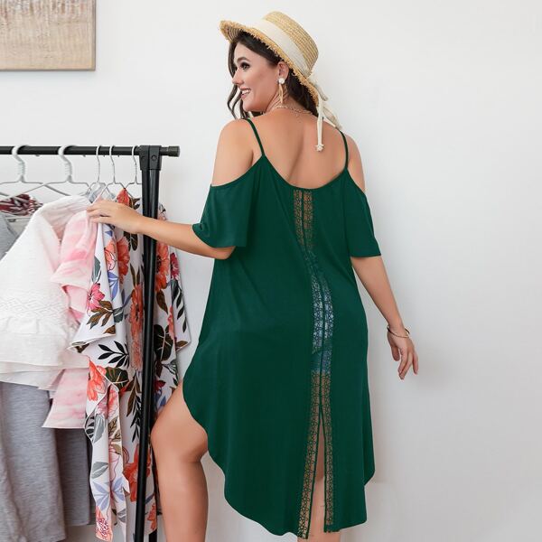 

Plus High Low Cold Shoulder Tee, Dark green