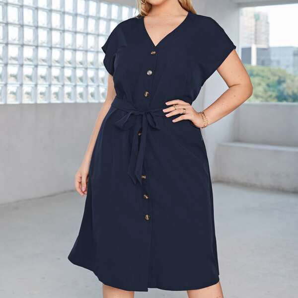 

Plus Solid Button Front Belted A-line Dress, Navy blue