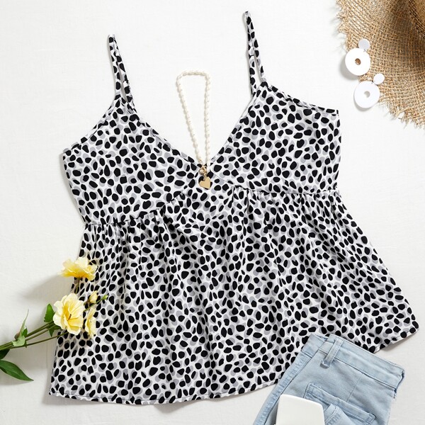 

Plus Allover Print Ruffle Hem Cami Top, Black and white