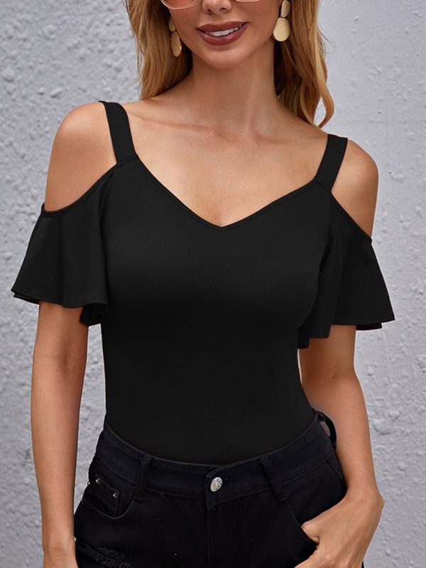 SHEIN Clasi Cold Shoulder Flutter Sleeve Top