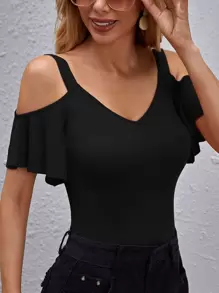 SHEIN Clasi Cold Shoulder Flutter Sleeve Top - Black - View 3