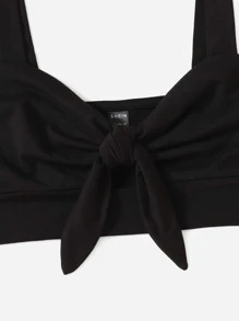 Soleia Knot Front Solid Crop Cami Top - Black - View 3
