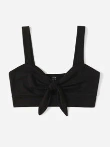 Soleia Knot Front Solid Crop Cami Top - Black - View 4