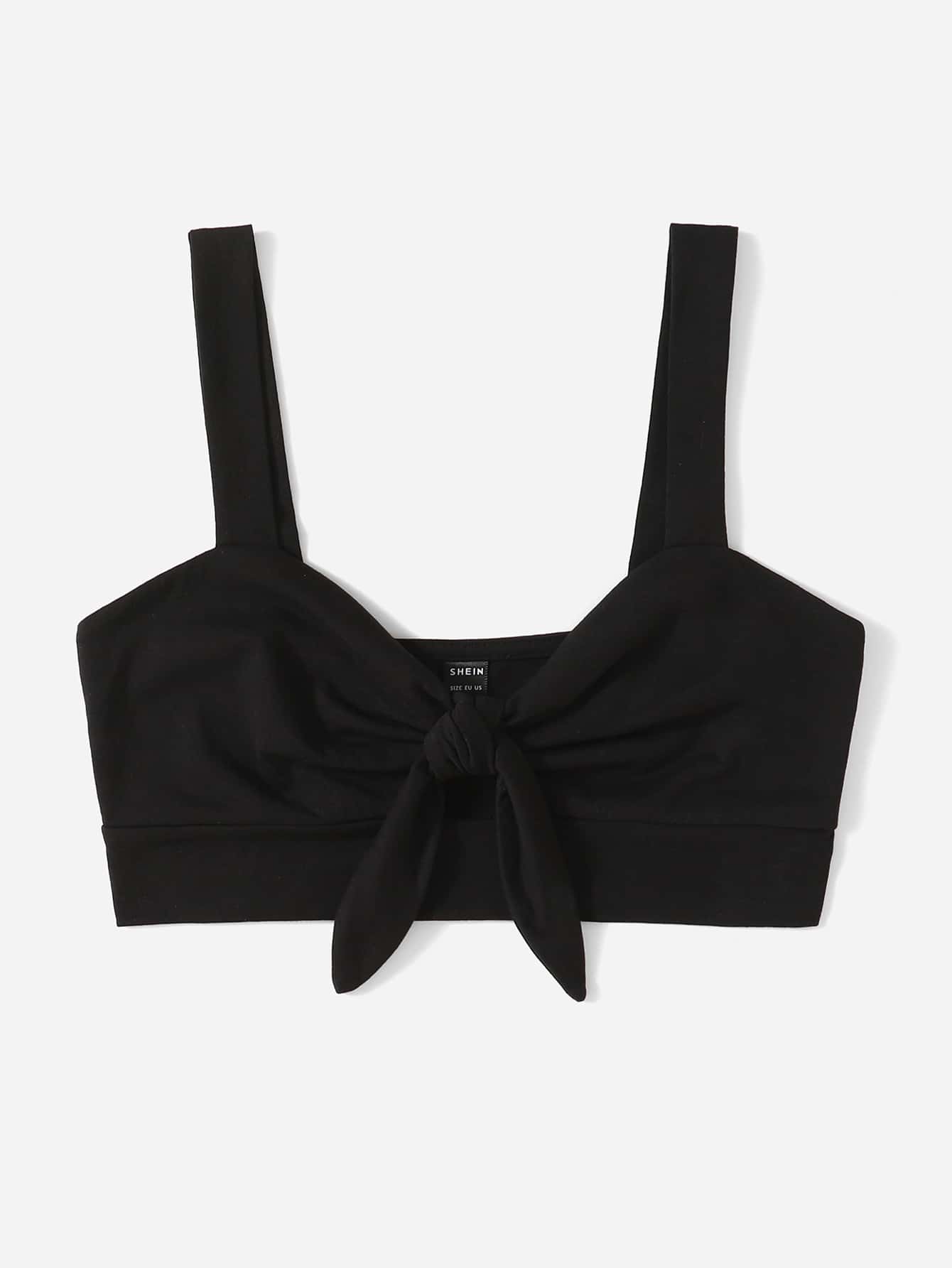 Soleia Knot Front Solid Crop Cami Top - Black - View 4