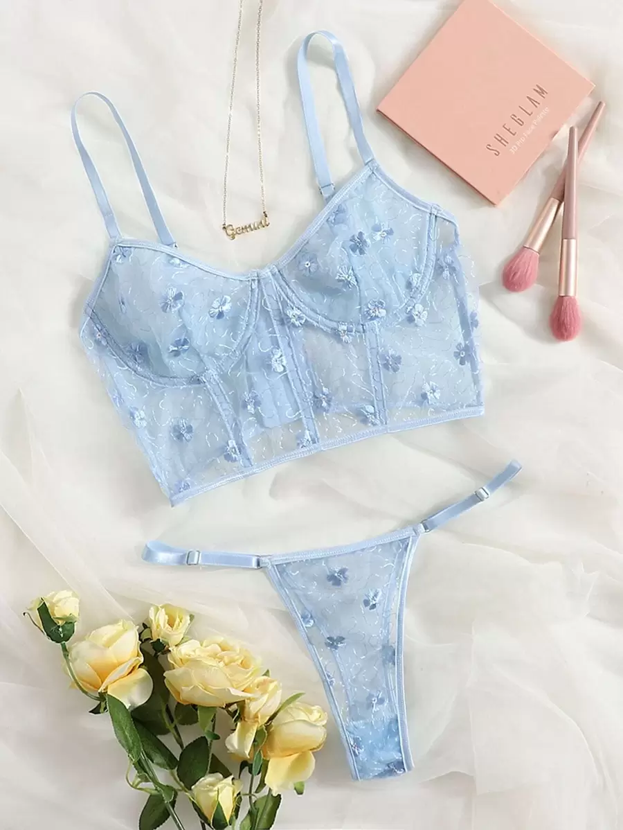 Floral Embroidered Mesh Underwire Bra & Panty Lingerie Set - Baby Blue - View 1