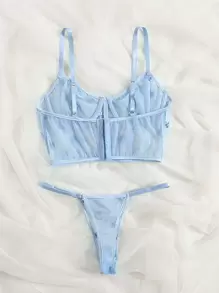 Floral Embroidered Mesh Underwire Bra & Panty Lingerie Set - Baby Blue - View 2