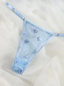 Floral Embroidered Mesh Underwire Bra & Panty Lingerie Set - Baby Blue - View 3