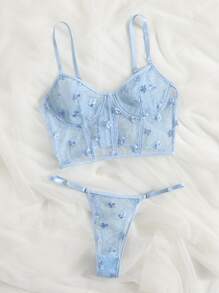 Floral Embroidered Mesh Underwire Bra & Panty Lingerie Set - Baby Blue - View 4