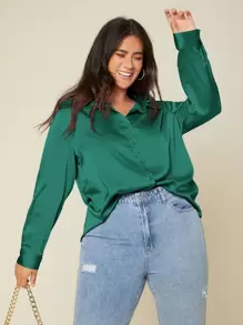 SHEIN BASICS Camisa de satén con botón unicolor - Verde Oscuro - Ver 2