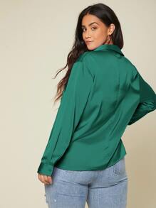 SHEIN BASICS Camisa de satén con botón unicolor - Verde Oscuro - Ver 3