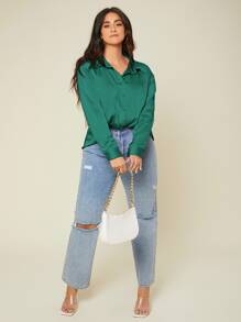 SHEIN BASICS Camisa de satén con botón unicolor - Verde Oscuro - Ver 4