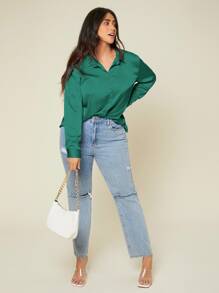 SHEIN BASICS Camisa de satén con botón unicolor - Verde Oscuro - Ver 5