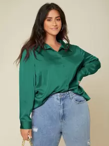 SHEIN BASICS Camisa de satén con botón unicolor - Verde Oscuro - Ver 1