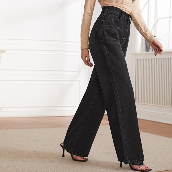 

Zipper Fly Wide Leg Jeans, Black
