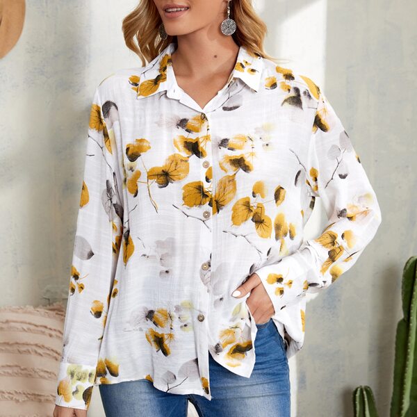

Leaves Print Button Front Blouse, White