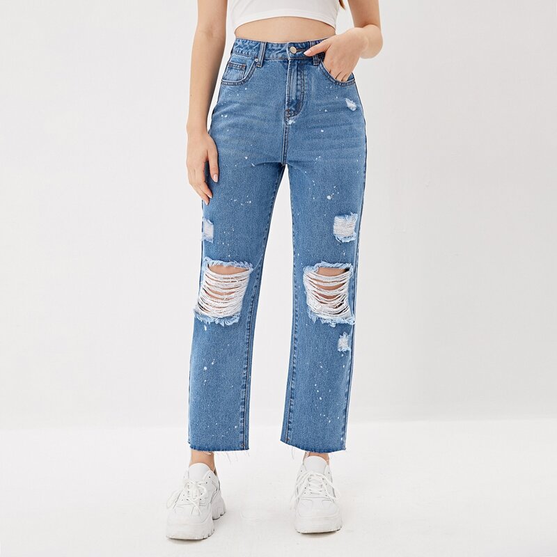 Wide Leg Ripped Jeans, Medium wash