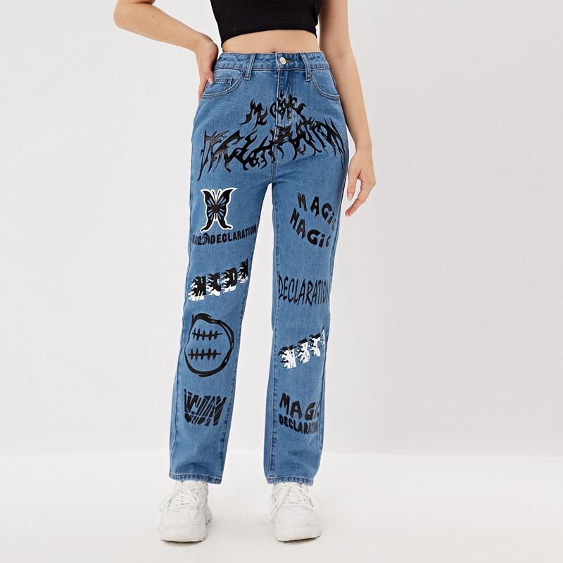 

Butterfly & Graphic Print Jeans, Medium wash