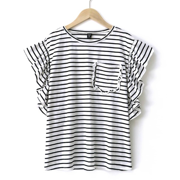 

Plus Striped Patched Pocket Ruffle Trim Tee, Black and white