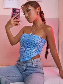 Paisley Print Tube Bandana Top - Blue - View 3