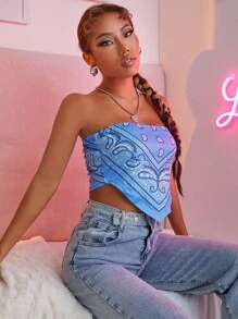 Paisley Print Tube Bandana Top - Blue - View 6