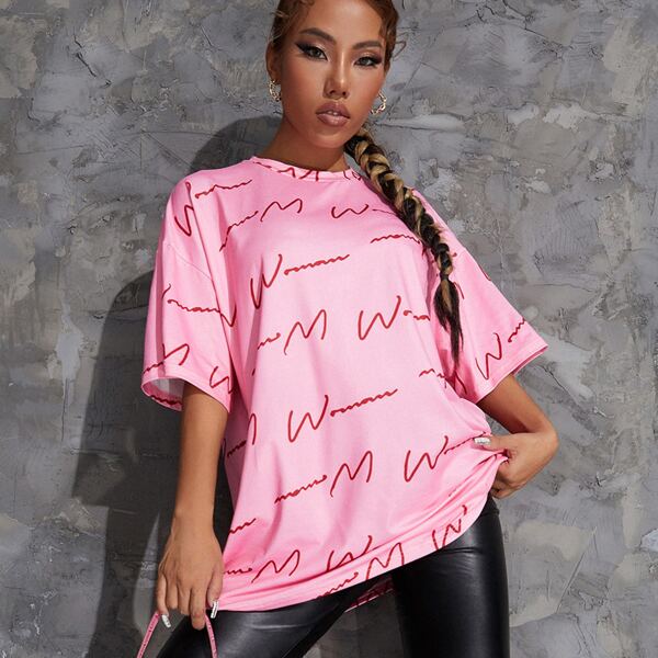 

Drop Shoulder Letter Graphic Oversize Tee, Baby pink