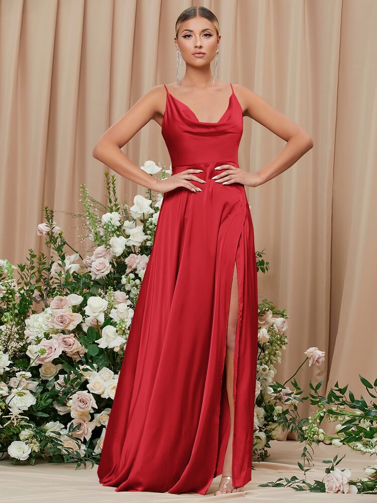 SHEIN Belle Cowl Neck Open Back Split Thigh Satin Slip Bridesmaid Dress - Red - View 5