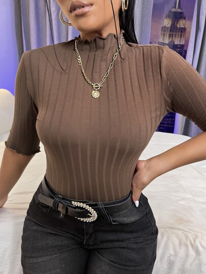 SHEIN Essnce Mock Neck Lettuce Trim Rib-knit Tee