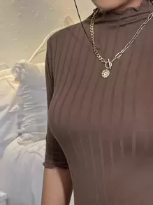 SHEIN Essnce Mock Neck Lettuce Trim Rib-knit Tee - Chocolate Brown - View 5