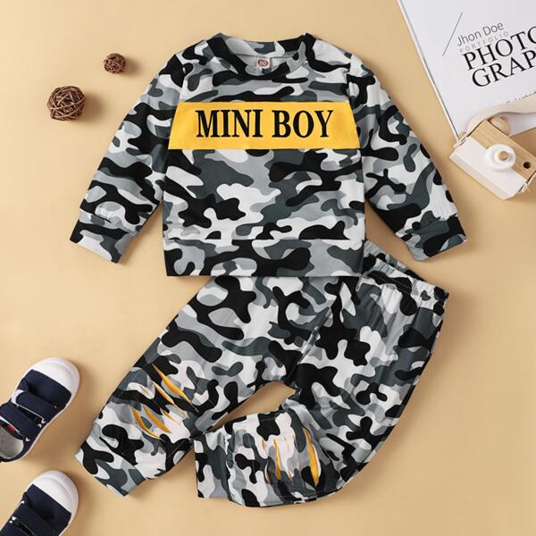 

Baby Color-block Letter And Camo Print Pullover & Sweatpants, Multicolor