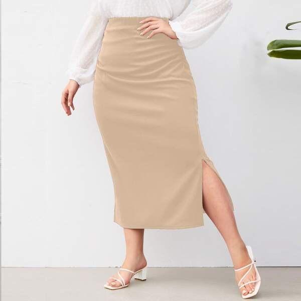 

Plus Solid Side Split Skirt, Apricot