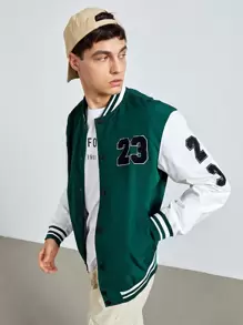 Manfinity RebelGame Men Colourblock Letter Patched Contrast Tape Varsity Jacket - Green - View 1