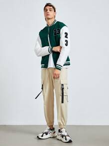 Manfinity RebelGame Men Colourblock Letter Patched Contrast Tape Varsity Jacket - Green - View 4