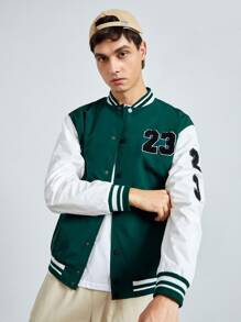 Manfinity RebelGame Men Colourblock Letter Patched Contrast Tape Varsity Jacket - Green - View 5