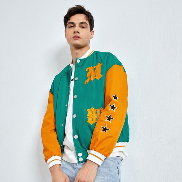 

Men Letter & Star Embroidery Colorblock Bomber Jacket, Multicolor