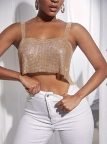 Chain Detail Back Metallic Cami Top - Gold - View 3