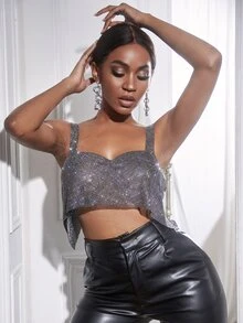 SHEIN SXY Chain Detail Back Metallic Cami Top - Silver - View 5