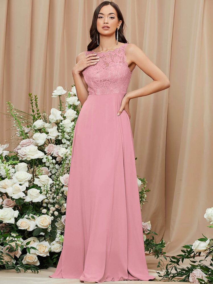 SHEIN Zipper Back Lace Bodice Dress - Dusty Pink - View 1