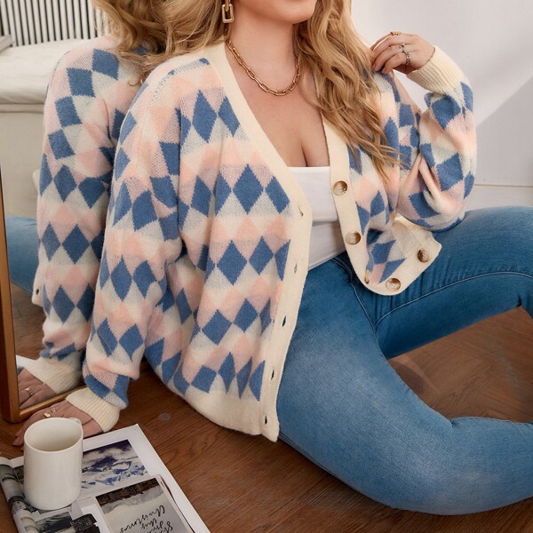 

Plus Argyle Pattern Button Front Cardigan, Multicolor