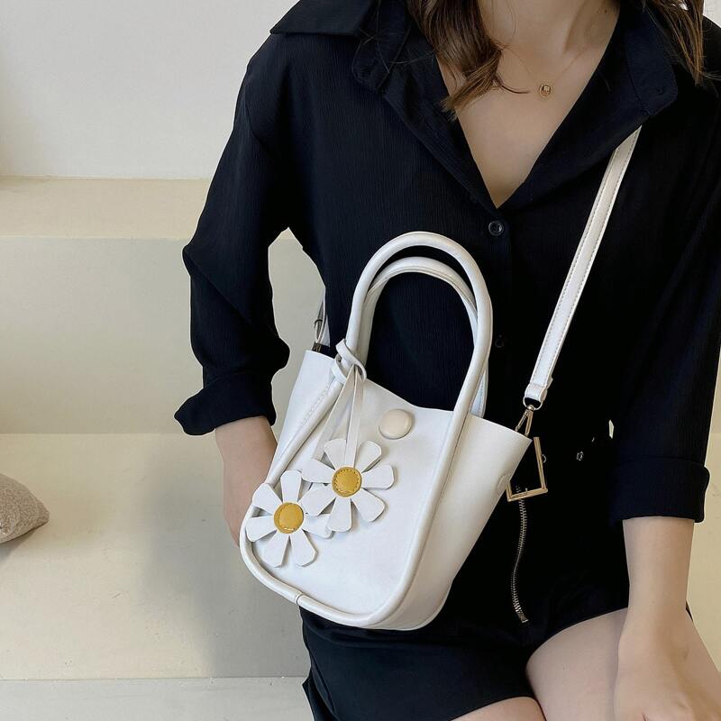

Colorblock Satchel Bag With Flower Bag Charm, White