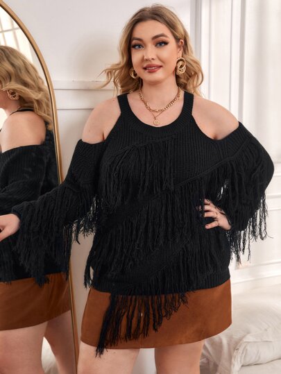 SHEIN Unity Plus Cold Shoulder Fringe Trim Jumper