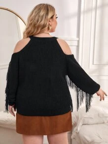 SHEIN Unity Plus Cold Shoulder Fringe Trim Jumper - Black - View 2