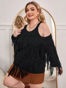 SHEIN Unity Plus Cold Shoulder Fringe Trim Jumper - Black - View 3