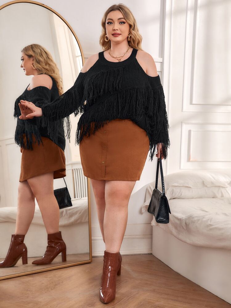 SHEIN Unity Plus Cold Shoulder Fringe Trim Jumper - Black - View 4