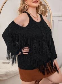 SHEIN Unity Plus Cold Shoulder Fringe Trim Jumper - Black - View 5
