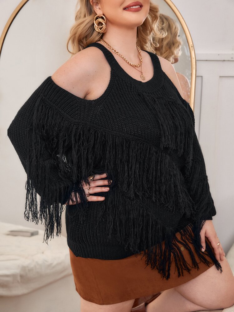 SHEIN Unity Plus Cold Shoulder Fringe Trim Jumper - Black - View 5